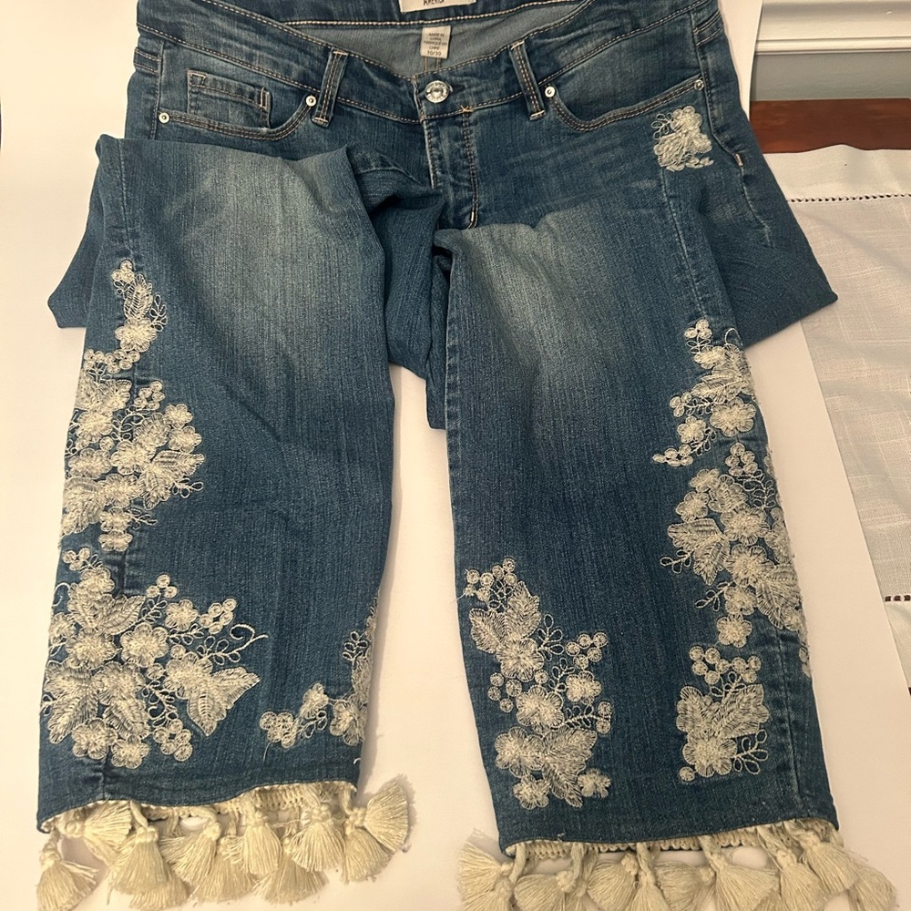 Vintage America Embroidered Blue Jeans with Tassels